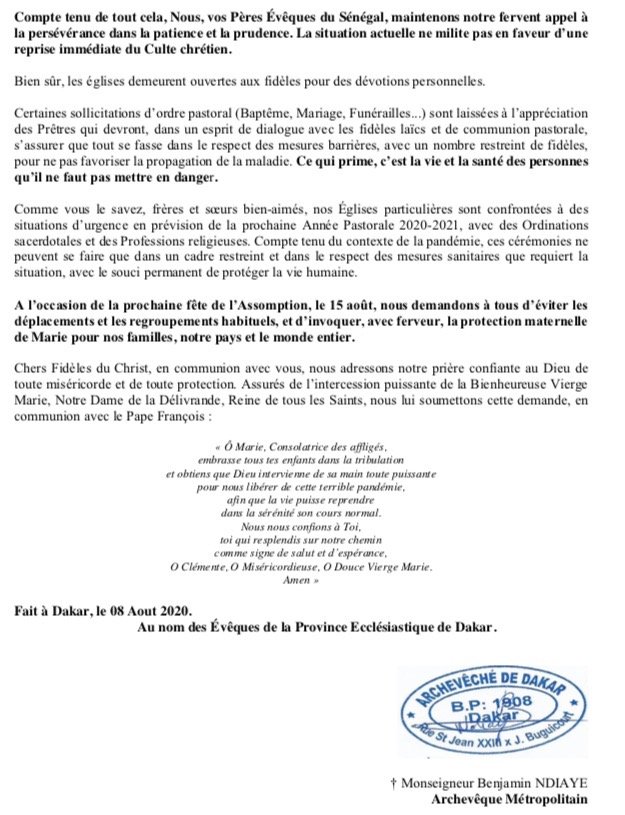 15 août 2020 : Pas de messe publique pour Assomption