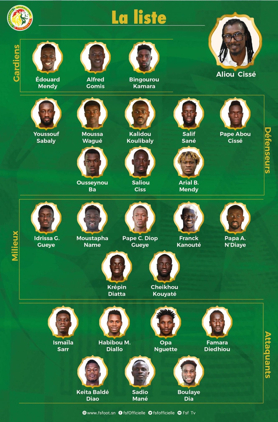 FORFAIT DE SALIOU CISS, OUSSEYNOU BA, KEITA BALDE, FAMARA DIEDHIOU ET GANA GUEYE Naby Sarr, Sada Thioub, Alpha Dionkou et Formose Mendy en renfort FORFAIT DE SALIOU CISS, OUSSEYNOU BA, KEITA BALDE, FAMARA DIEDHIOU ET GANA GUEYE Naby Sarr, Sada Thioub, Alpha Dionkou et Formose Mendy en renfort