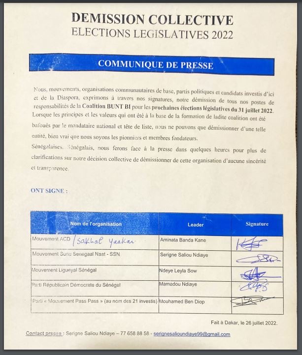 "Le président de Bunt-Bi a vendu la coalition à Macky pour des centaines de millions Fcfa 1 DEMISSION COLLECTIVE A BUNT BI :Serigne Saliou Ndiaye accuse Ibrahima Mbow de travailler pour Benno Bokk Yakaar
