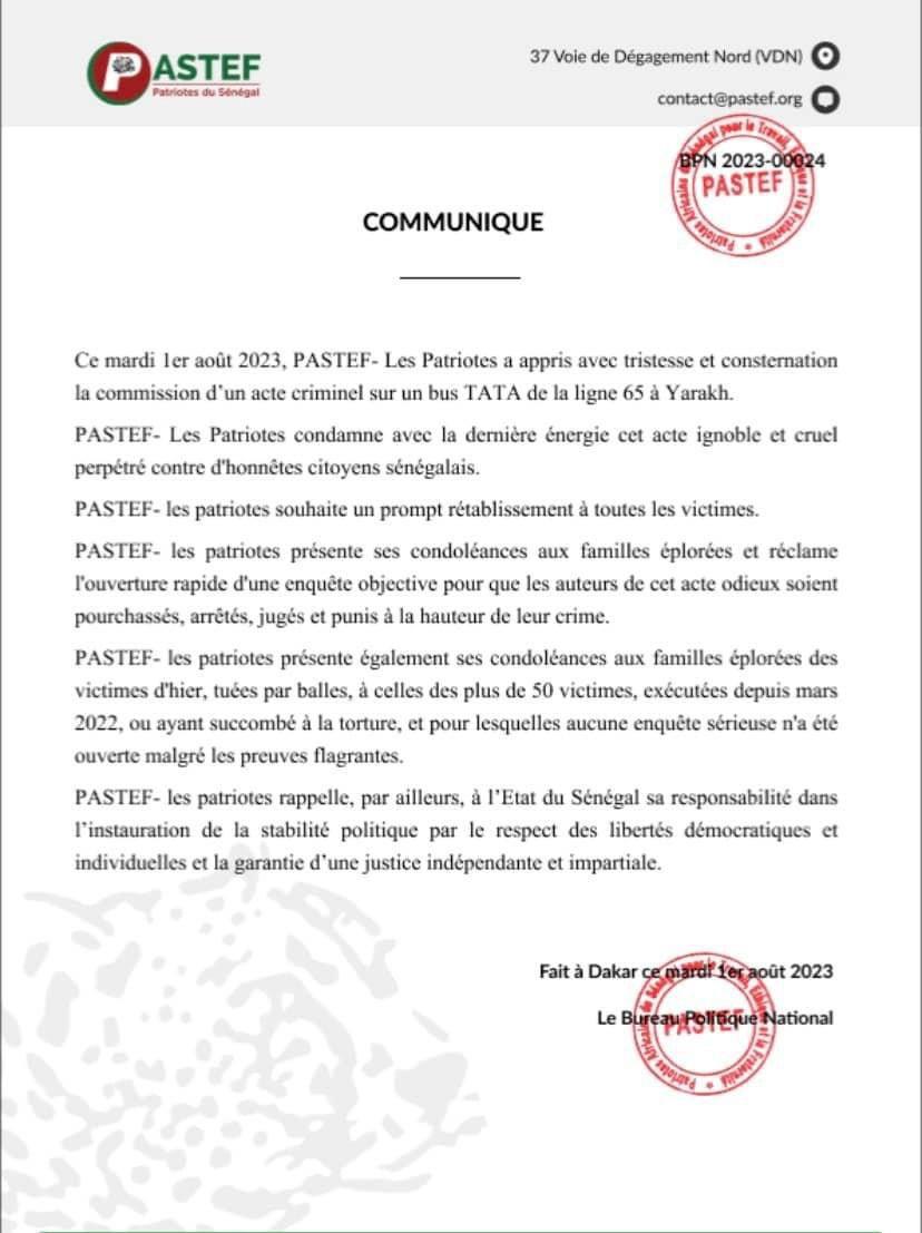 Attaque du bus 65 : la réaction de Pastef Attaque du bus 65 : la réaction de Pastef