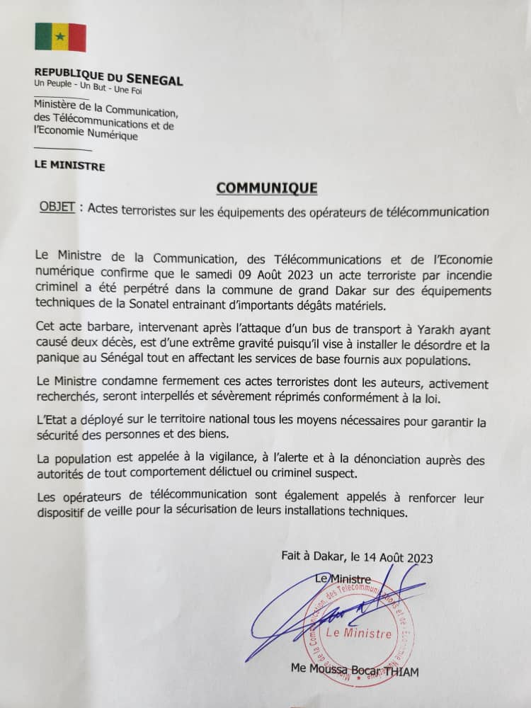 Incendie sur des équipements de la Sonatel : Le ministre des télécommunications condamne un « acte terroriste » et appelle à la vigilance