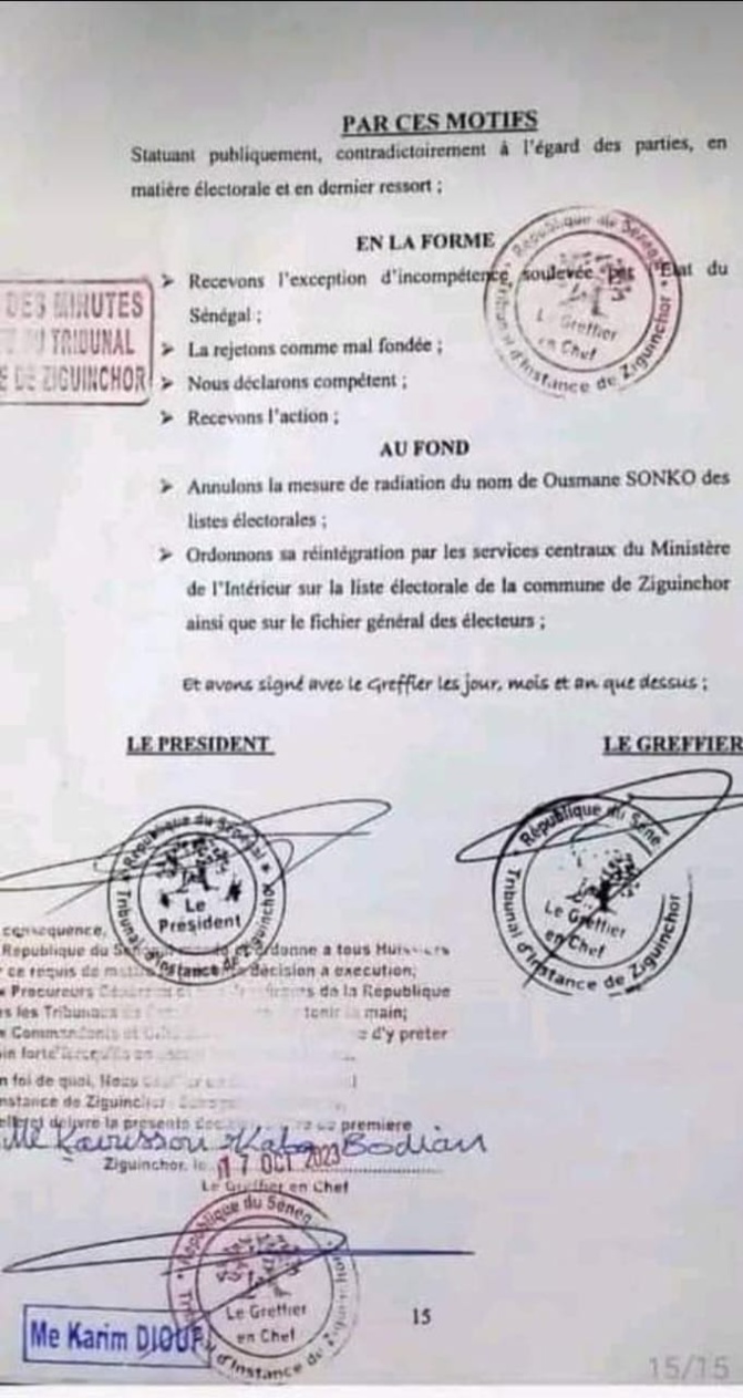 Listes électorales: Le Tribunal Grande Instance Ziguinchor officialise la réintégration d’Ousmane Sonko