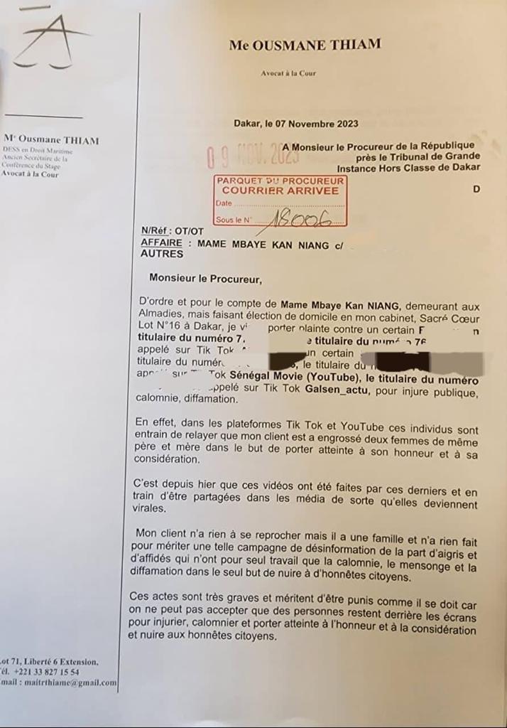 CITÉ DANS UNE AFFAIRE SUPPOSÉE DE MŒURS : MAME MBAYE NIANG TRADUIT EN JUSTICE DES SITES EN LIGNE