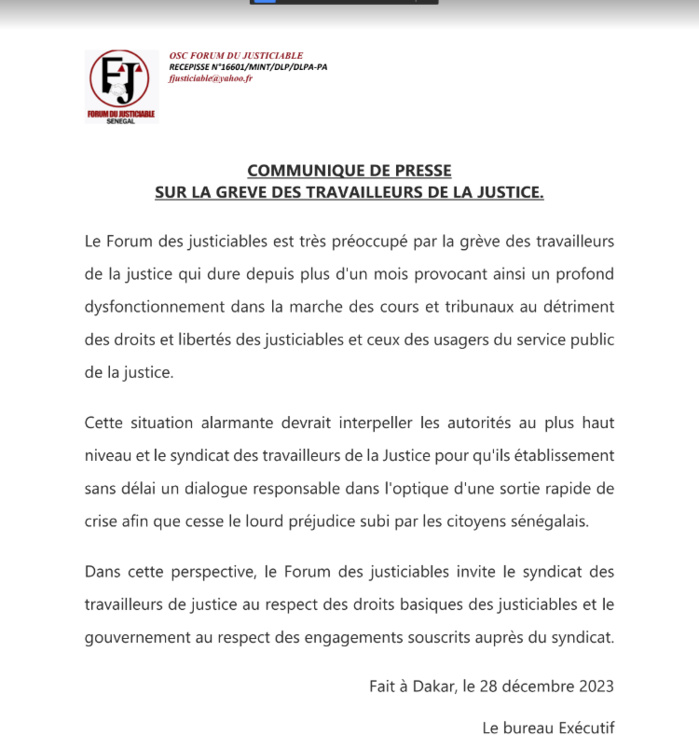 Grève des travailleurs de la justice: Le FJ exprime ses préoccupations et appelle à une " sortie rapide de crise"