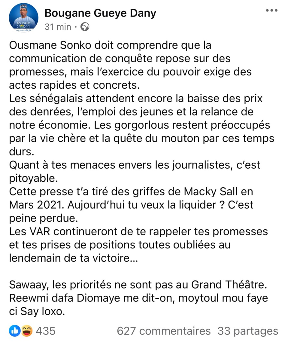 Bougane Gueye Dany sur la sortie de Sonko: " Les goorgorlous restent préoccupés par la vie chère et la quête du mouton..." Bougane Gueye Dany sur la sortie de Sonko: " Les goorgorlous restent préoccupés par la vie chère et la quête du mouton..."
