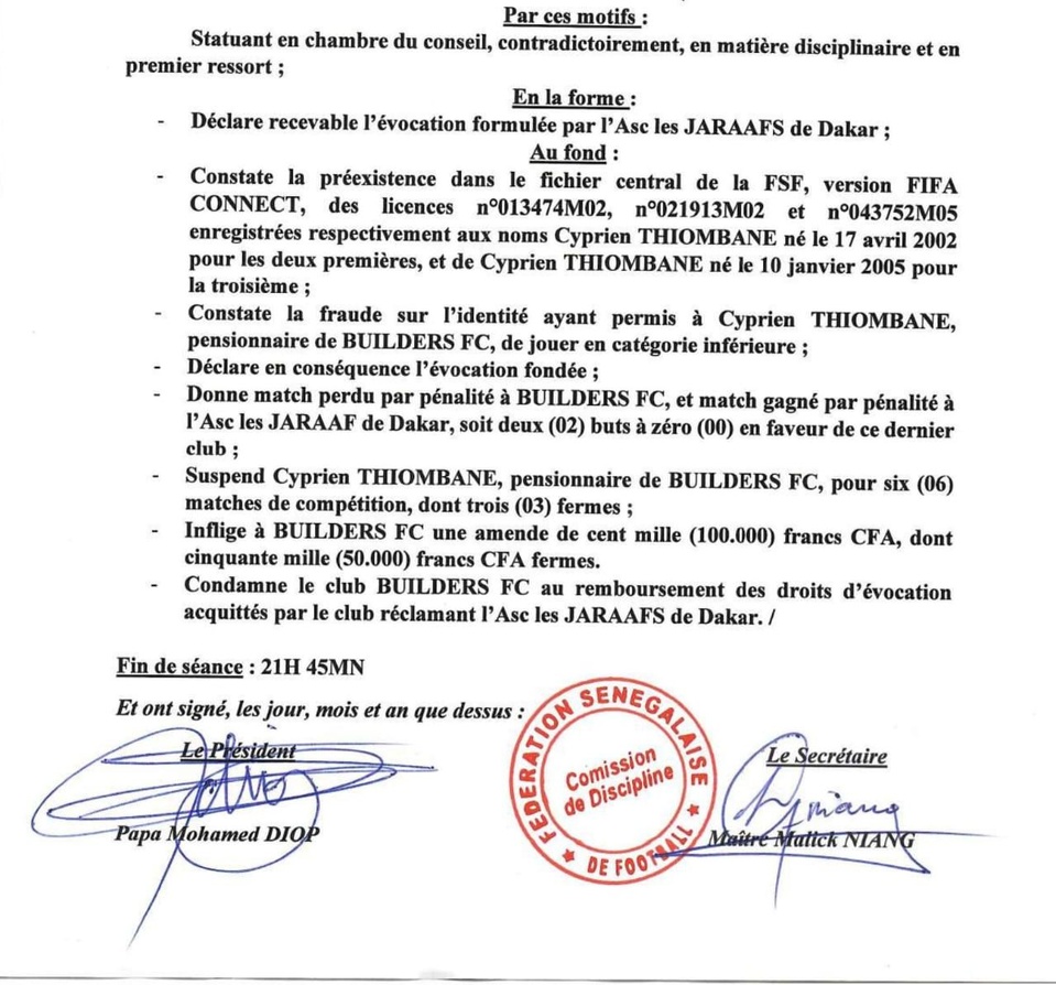 Coupe du Sénégal : Le Jaraaf en finale après sa victoire sur tapis vert face Builders FC, Cyprien Thiombane suspendu Coupe du Sénégal : Le Jaraaf en finale après sa victoire sur tapis vert face Builders FC, Cyprien Thiombane suspendu