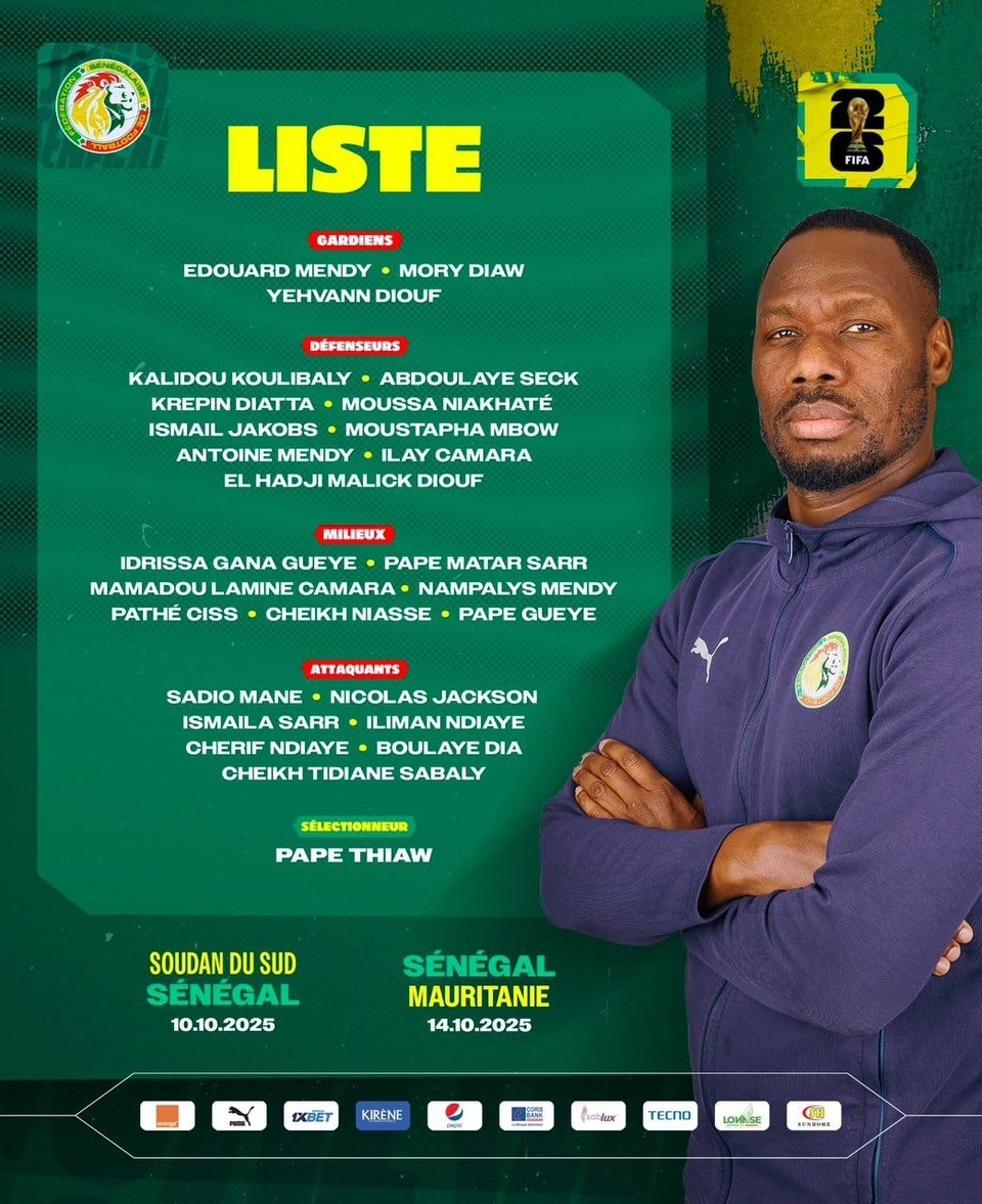 LISTE DES 26 LIONS CONTRE SOUDAN ET MAURITANIE LES 10 ET 14 OCTOBRE 2025 : Ismaila Sarr, Nampalys Mendy, Ilay Camara et Mamadou Lamine Camara signent leur retour LISTE DES 26 LIONS CONTRE SOUDAN ET MAURITANIE LES 10 ET 14 OCTOBRE 2025 : Ismaila Sarr, Nampalys Mendy, Ilay Camara et Mamadou Lamine Camara signent leur retour