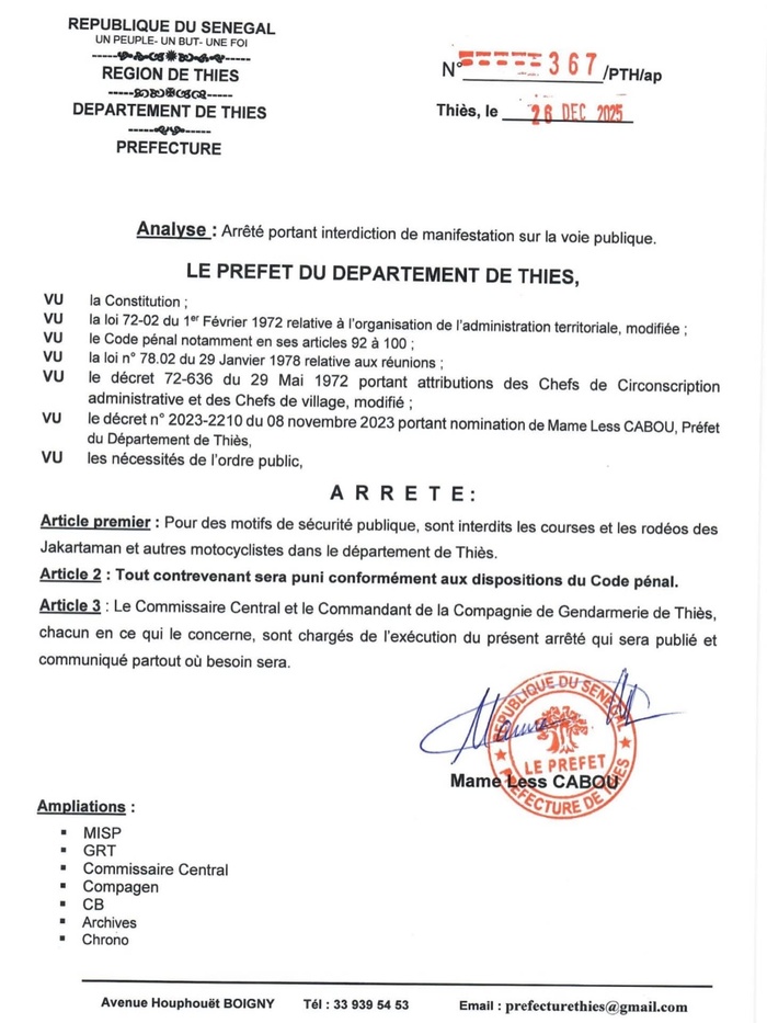 Thiès: Le préfet interdit les courses de Jakarta et autres motocyclistes sur la route nationale appelée course de la mort à minuit