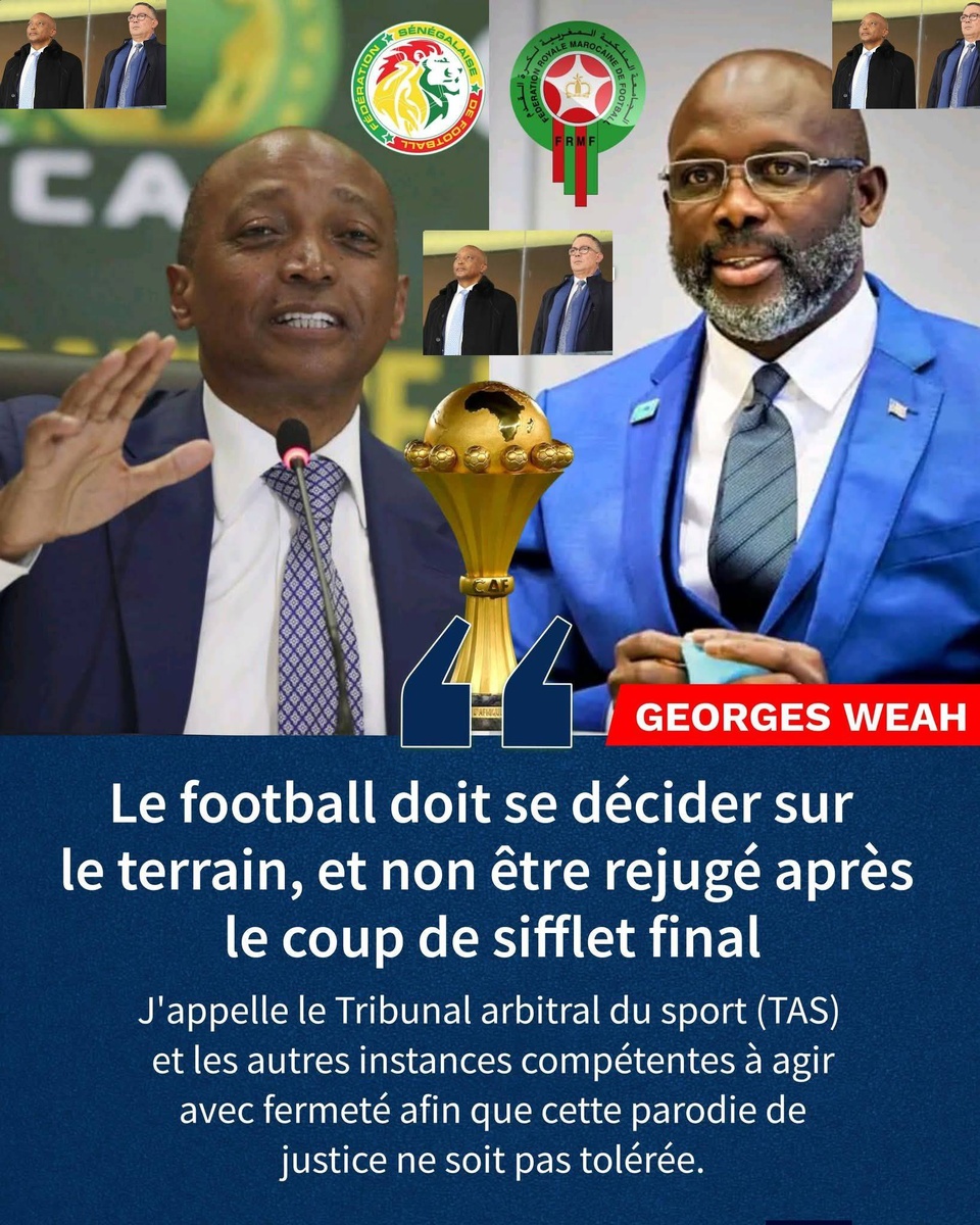 SOUTIEN DE TAILLE : George Weah s’insurge contre la décision de la Caf et réaffirme le sacre du Sénégal SOUTIEN DE TAILLE : George Weah s’insurge contre la décision de la Caf et réaffirme le sacre du Sénégal