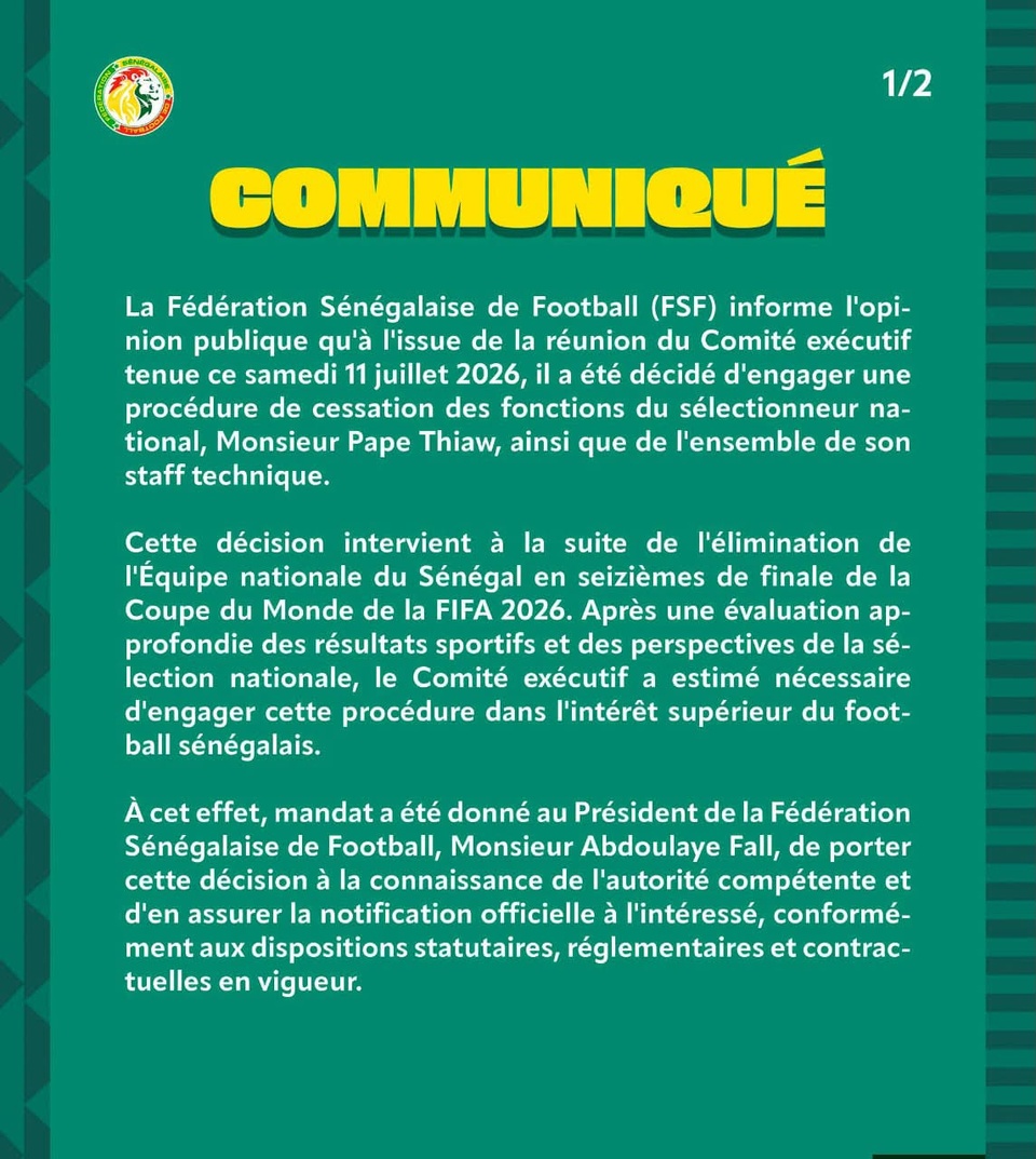  la FSF met fin aux fonctions de Pape Thiaw après le Mondial 2026