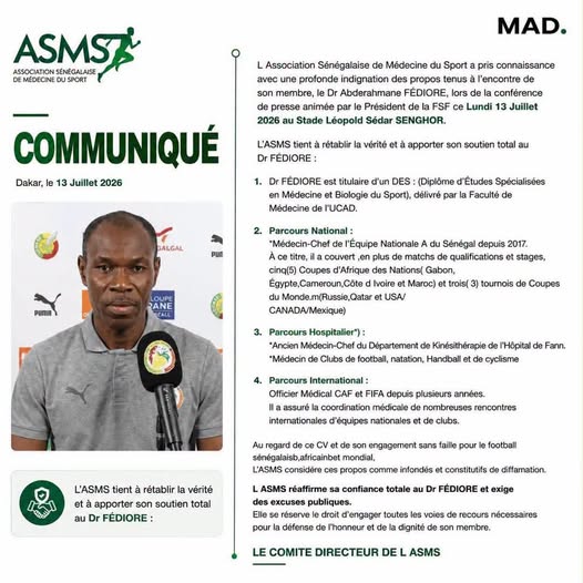 AFFAIRE DR FÉDIOR : L’Association de médecine du sport sort les griffes et exige des excuses publiques au président de la Fsf