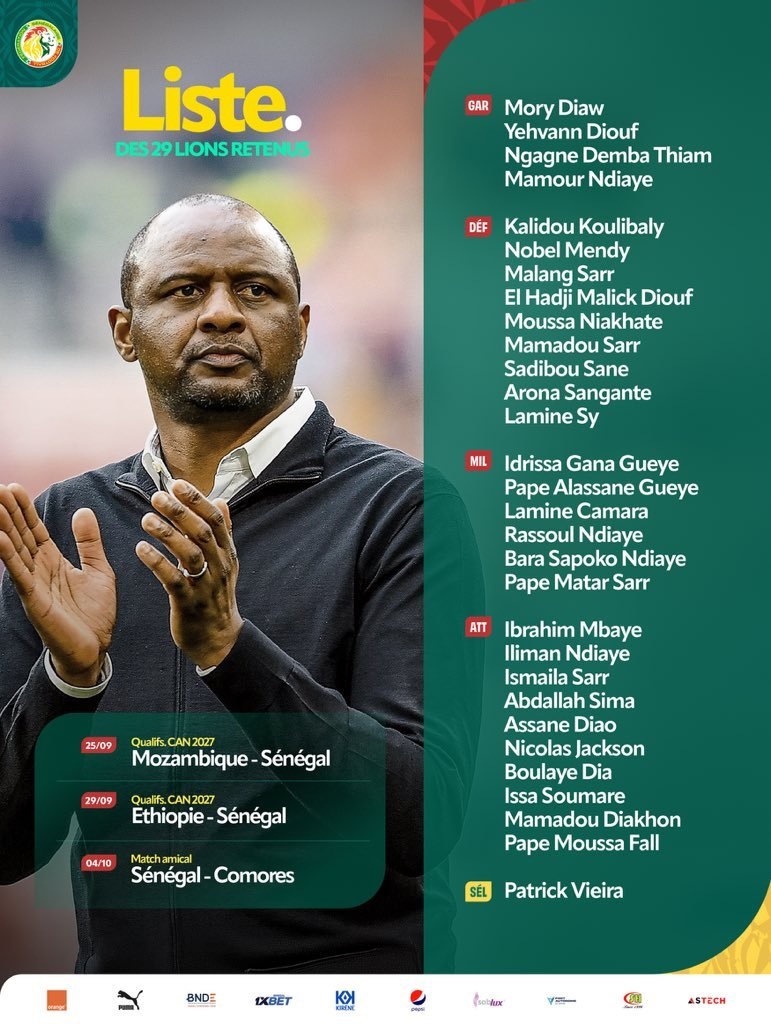 Equipe du Sénégal : 29 joueurs convoqués, la première liste de Patrick Vieira
