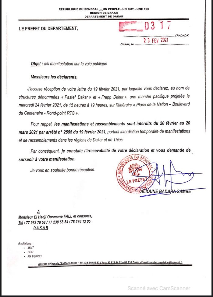 Le préfet de Dakar interdit la marche de Frapp-Pastef de ce mercredi