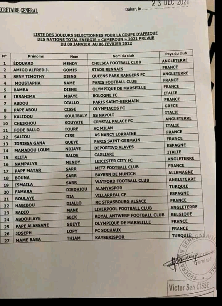 Can 2021: Aliou Cissé publie une liste de 27 joueurs