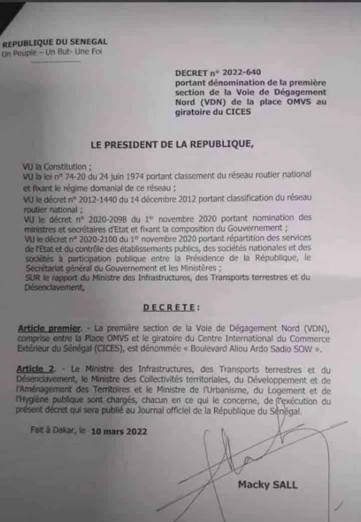 Macky Sall renomme la VDN “Boulevard Aliou Ardo Sadio Sow” (Décret)