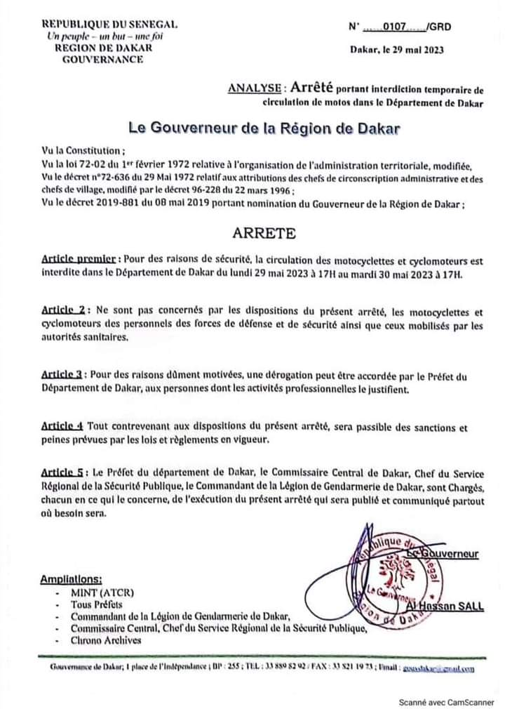 Dakar : le gouverneur interdit la circulation des motos jusqu’à demain mardi