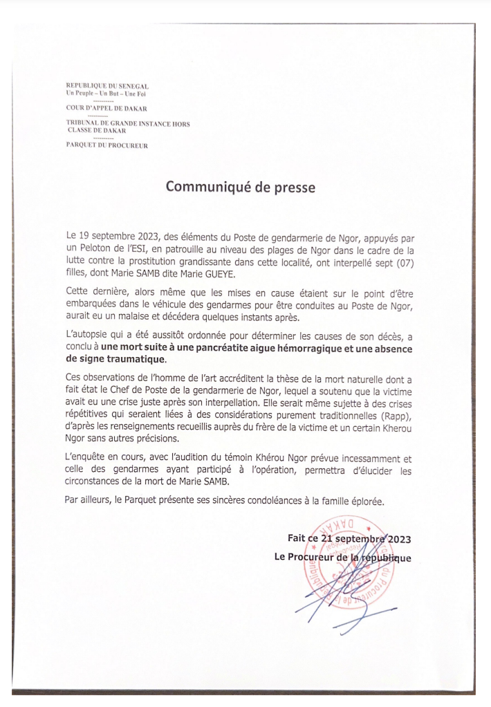 Mort de Mary Gueye à Ngor : Le Procureur dévoile les résultats de l’autopsie