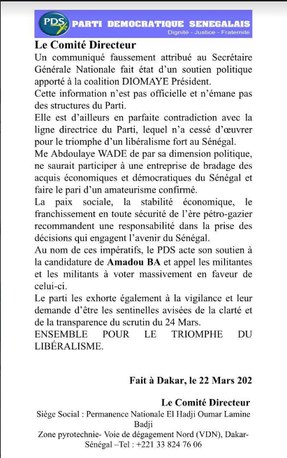 [Document] Soutien à Diomaye Faye : Le Comité directeur du PDS parle "d'information pas officielle" et soutient Amadou Ba