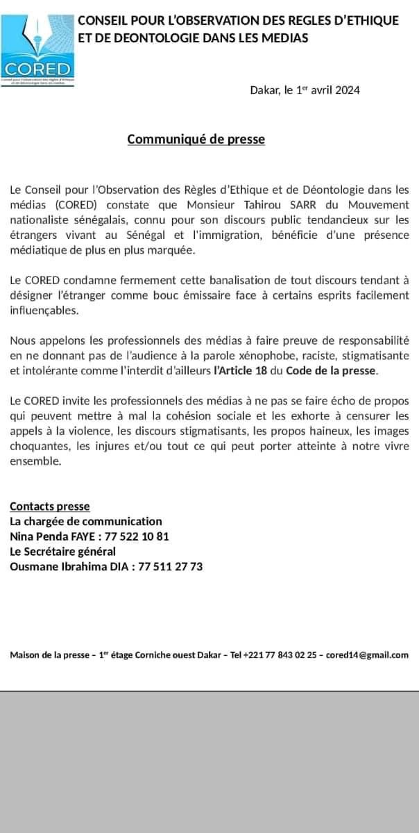 Discours nationaliste de Tahirou Sarr : le CORED met en garde les professionnels des médias