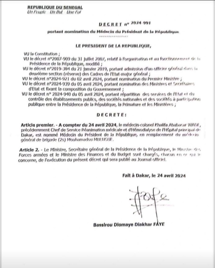 Diomaye nomme un nouveau Médecin personnel du Président