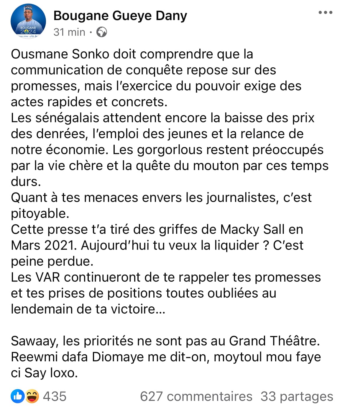 Bougane Gueye Dany sur la sortie de Sonko: " Les goorgorlous restent préoccupés par la vie chère et la quête du mouton..."