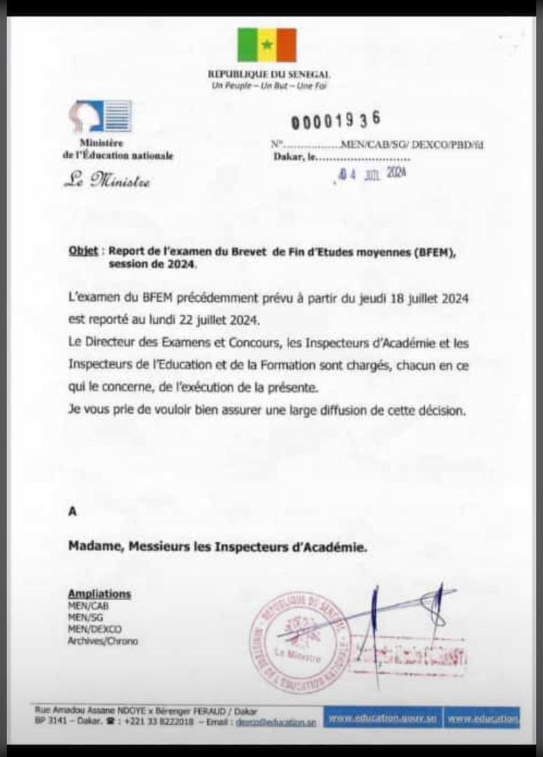 BFEM 2024 : Le ministre de l’Éducation nationale annonce une nouvelle date