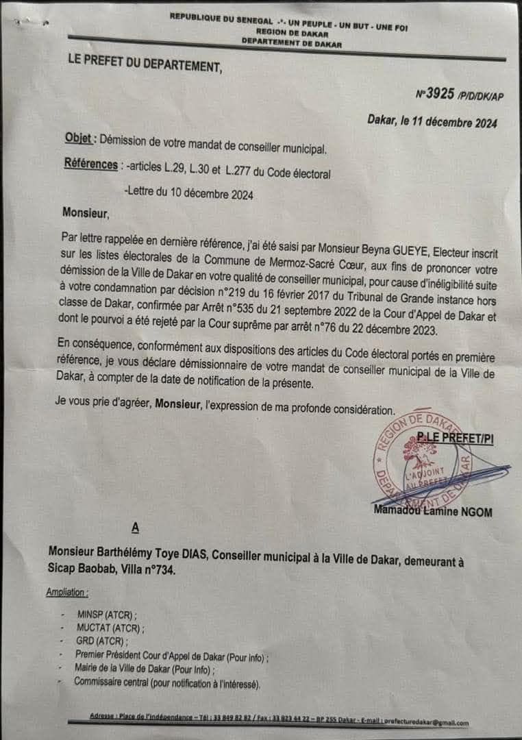 Destitution de la mairie de Dakar : Barthélémy Dias a reçu et déchargé la notification du préfet