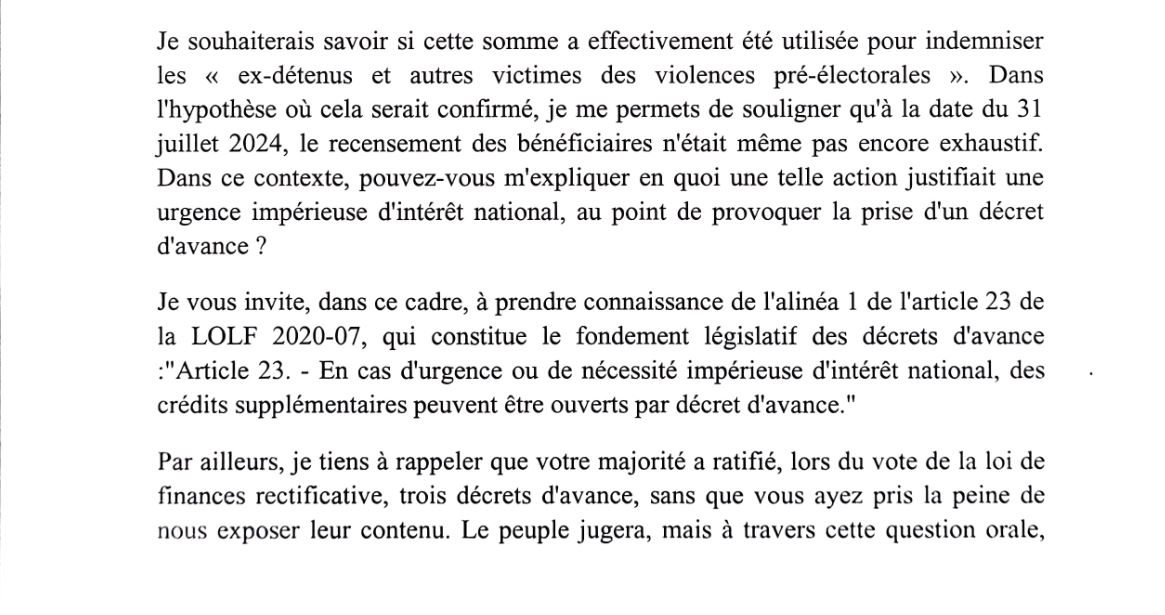 Le Député Abdou MBOW À Monsieur le Ministre des Finances et du Budget, Objet: Question écrite relative aux décrets d'avance