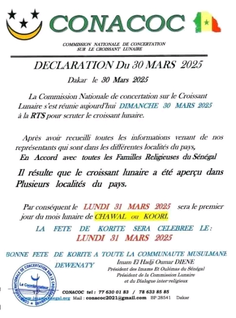 Korité 2025 : La Commission Nationale de Concertation sur le Croissant Lunaire annonce la fin du Ramadan