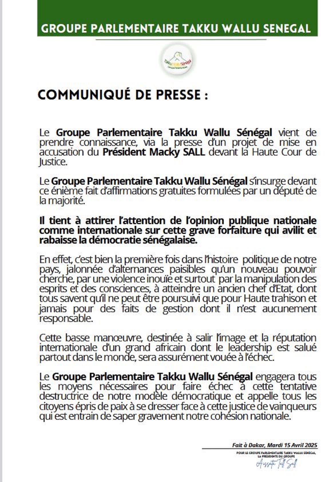 Communiqué de Presse Groupe Parlementaire Takku Wallu Senegal Fait à Dakar, Mardi 15 Avril 2025