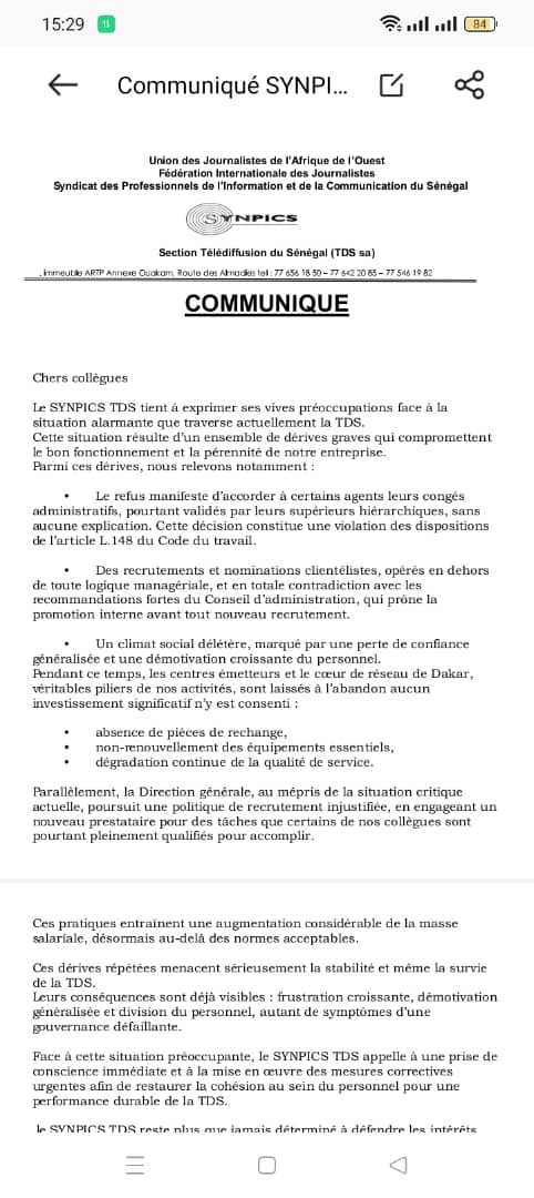 Situation de TDS : Le SYNPICS TDS exprime ses vives préoccupations