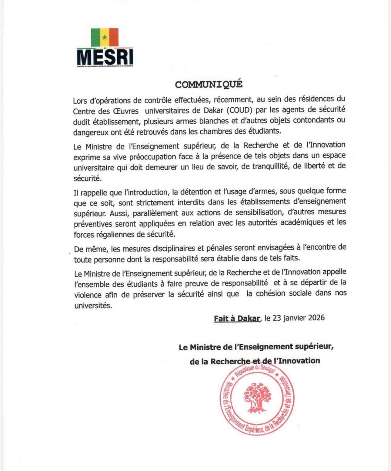 Découverte d’armes blanches au COUD : le MESRI annonce des mesures fermes