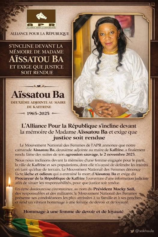 MORT D’AISSATOU BA A KAFFRINE : Le Mouvement national des femmes de l’Apr dénonce un acte lâche et odieux et exige l'ouverture d'une information judiciaire