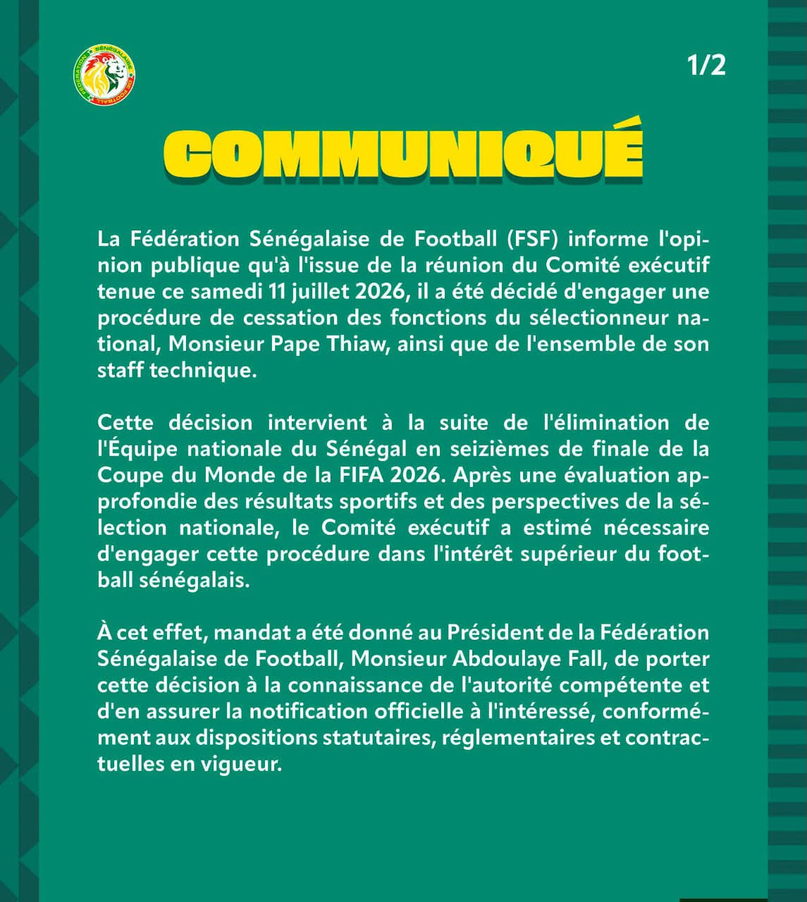  la FSF met fin aux fonctions de Pape Thiaw après le Mondial 2026