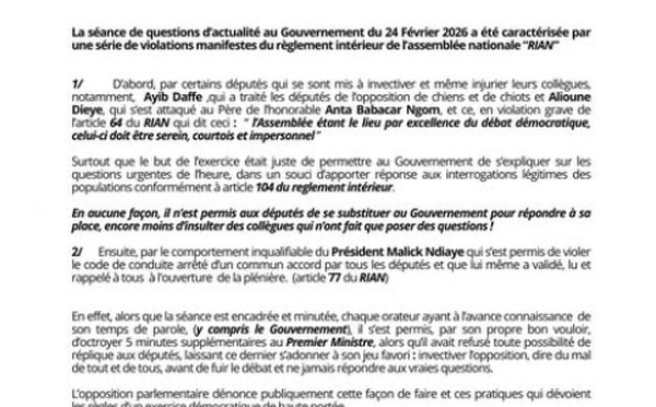 QUESTIONS D’ACTUALITÉ AU GOUVERNEMENT : L’opposition parlementaire relève une série de violations du règlement intérieur et promet d’en tirer toutes les conséquences de droit